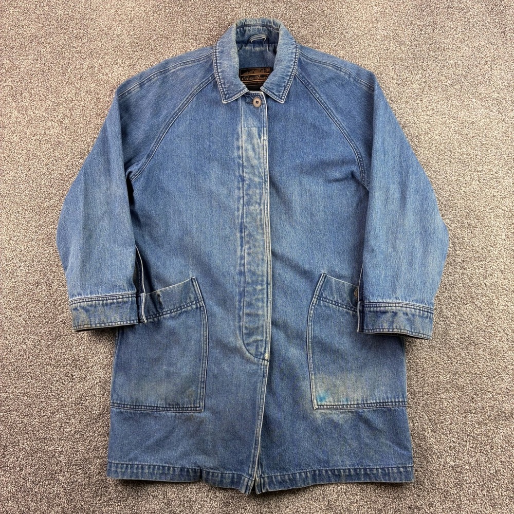 Vintage Eddie Bauer Denim Chore Jacket Women's M Blue Cotton Barn Coat Button